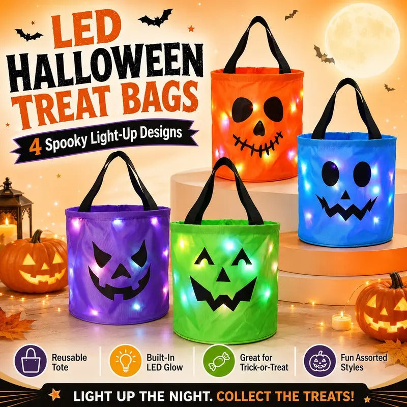 3/4 Pcs Halloween Candy Bucket with LED Lights, 13.39x8.66 Inch Trick or Treat Bags Non Woven Gift Bags Pumpkin Candy Bags Reusable Tote Bags for Kids Students Adults, Night Light Bags for Garden Lawn Decorations, Halloween Christmas Party Favor Supplies