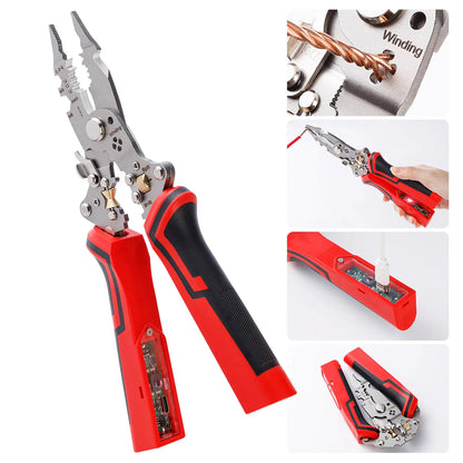 16 in 1 Wire Stripper Twister for Cutting and Pulling Wires,Cable Scissors,Voltage Tester Pliers, 12V to 250V Live,Null,Hot Wire Judgment AC DC, Audible and Flashing LED Alarms