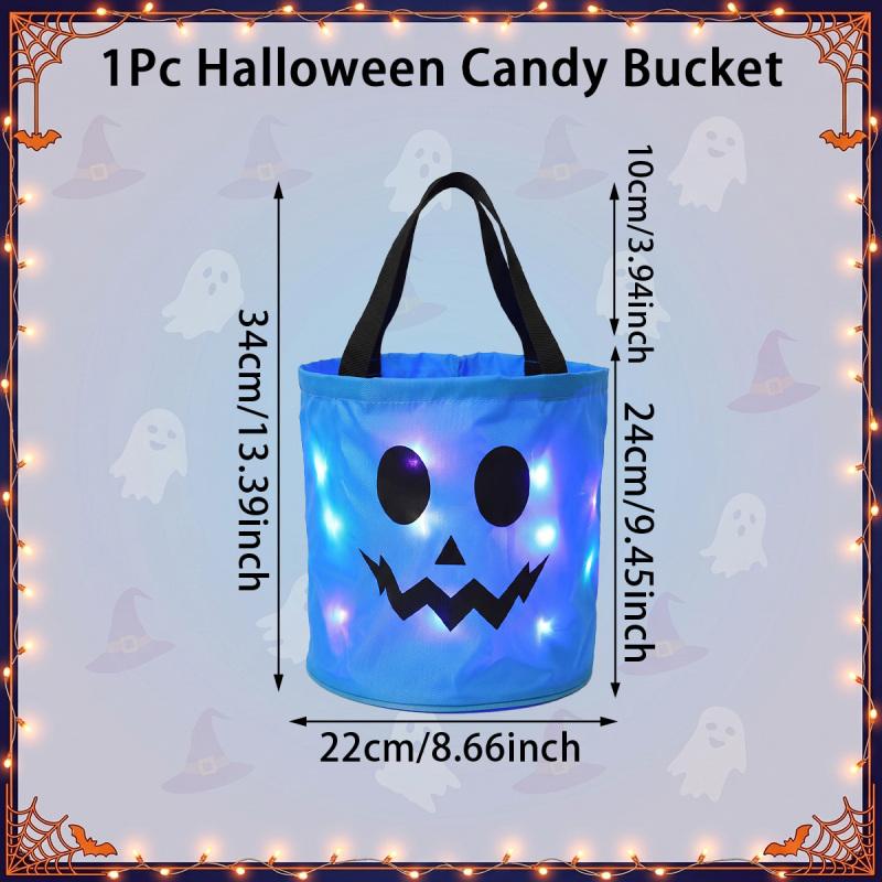 3/4 Pcs Halloween Candy Bucket with LED Lights, 13.39x8.66 Inch Trick or Treat Bags Non Woven Gift Bags Pumpkin Candy Bags Reusable Tote Bags for Kids Students Adults, Night Light Bags for Garden Lawn Decorations, Halloween Christmas Party Favor Supplies